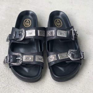 Ash Black Leather Slip on Sandals